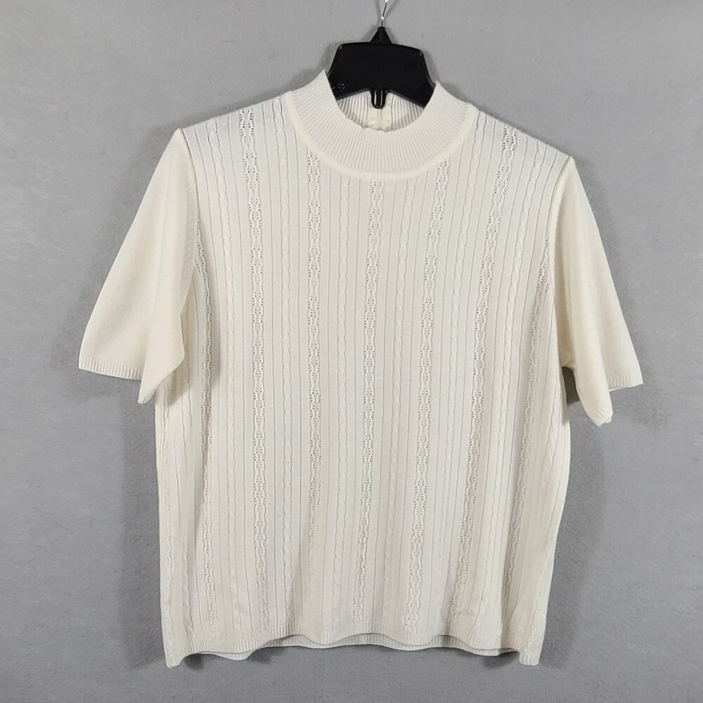 Vtg Koret White Mock Neck Pullover Sweater Short Sleeve Zip Back Size Medium?